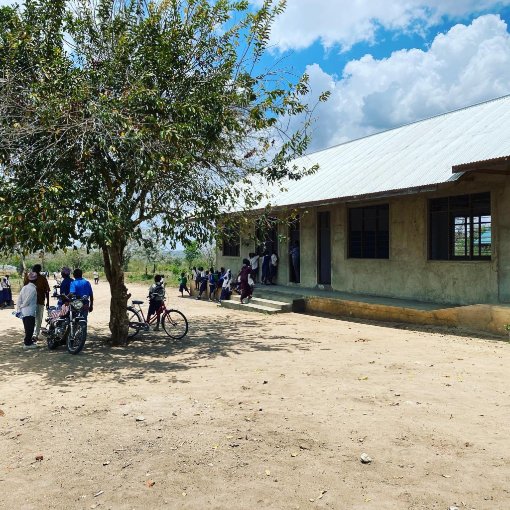 Das Gebäude ist die Komkomba Schule, davor steht ein Baum, in seinem Schatten stehen einige Schulkinder